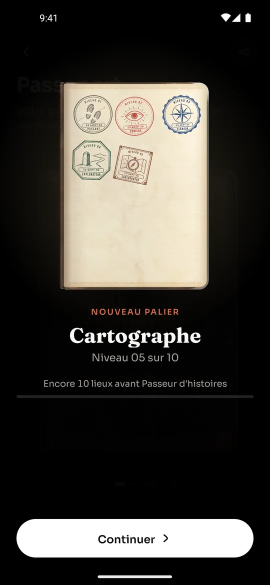 Le passeport dans l'app : le tampon du palier Cartographe vient de s'y poser, niveau 5 sur 10.